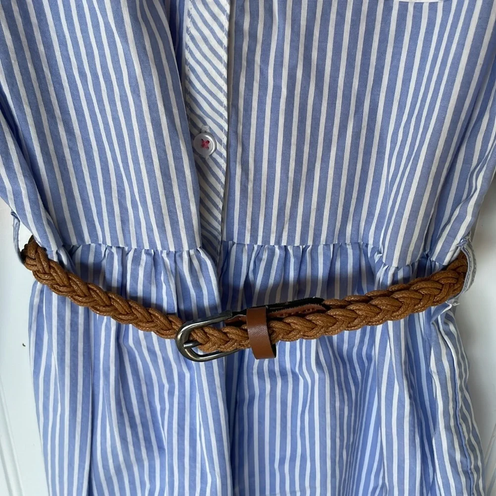 CARTERS GIRLS BLUE WHITE STRIPED LONG SLEEVE DRESS WITH BROWN BELT SIZE 7